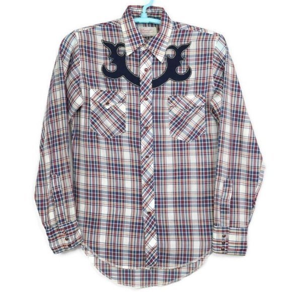Vintage Wrangler Western Shirt Blue Plaid Pearl Snap‎ Long Tails M Medium 34 35 - Picture 1 of 12